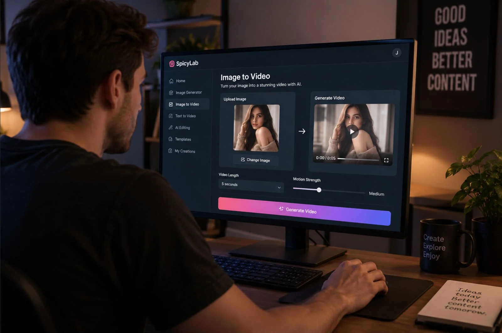 A creator using an image-to-video AI workflow on a desktop monitor