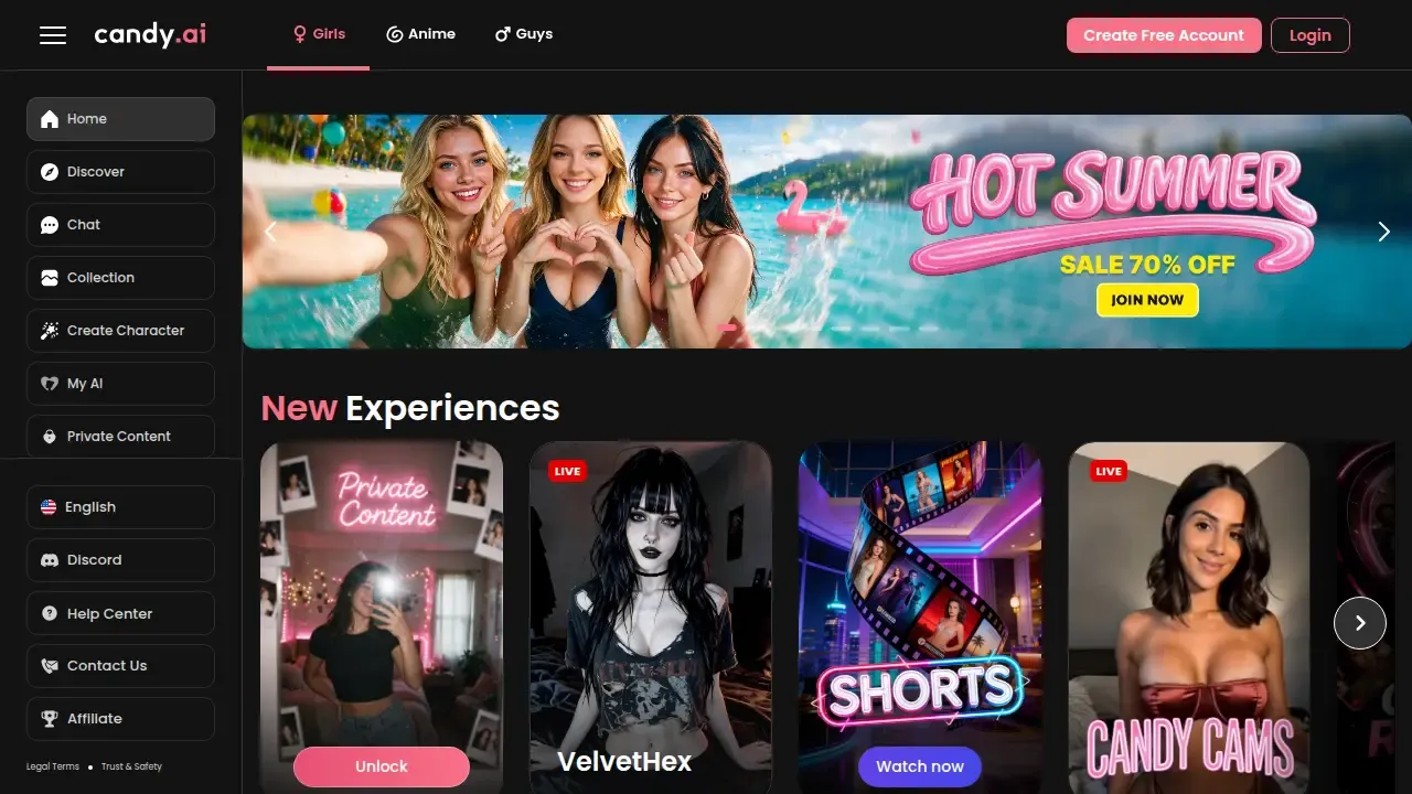Candy AI homepage, July 2026 - the character gallery and a 'Hot Summer Sale 70% off' promo banner.