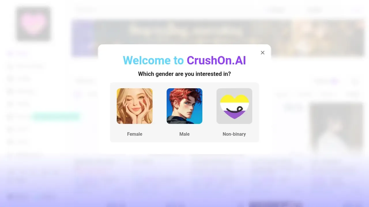 Crushon AI onboarding, July 2026 - the first-visit gender-selection gate. The full character grid sits blurred behind this gate, so this capture shows the entry gate rather than the character browse view.