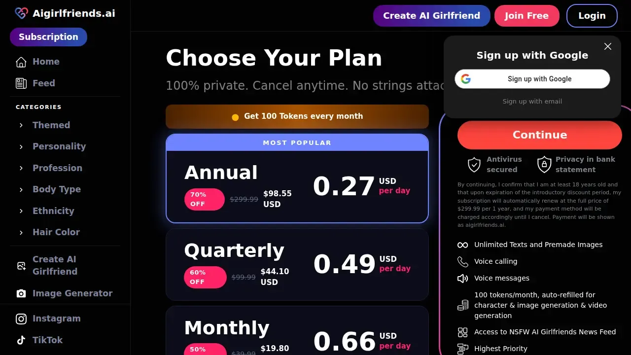 AIGirlfriends.ai live pricing page, July 2026 - the introductory prices (50% and 70% off) shown alongside the full renewal prices.