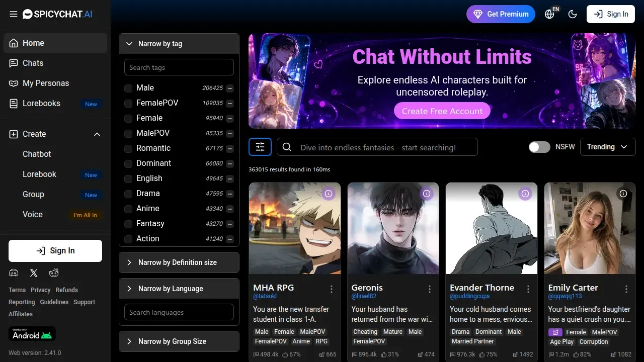 SpicyChat AI homepage, July 2026 - 'Chat Without Limits,' with the character browse grid and NSFW toggle.